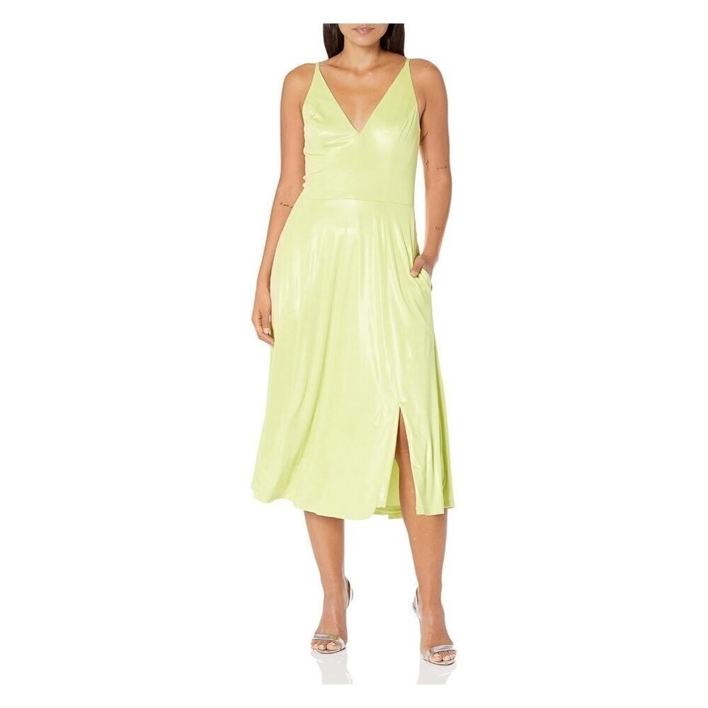 DRESS THE POPULATION NWT $180 Serafina Fit & Flare Midi Dress Lemongrass Size S